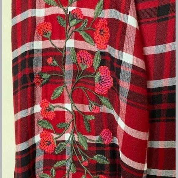 Red Long Sleeve Button Down Blouse with Embroidered Sleeves - Picture 2 of 3